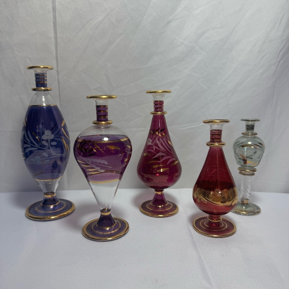 Vintage Elegant Boho Egyptian Colorful Handblown Glass Perfume Bottles Set